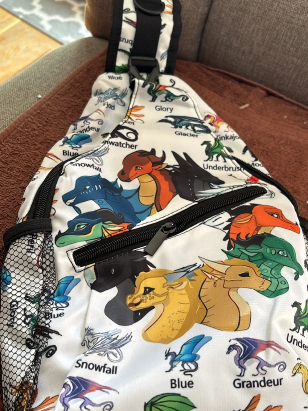 White Dragon Print Sling Backpack